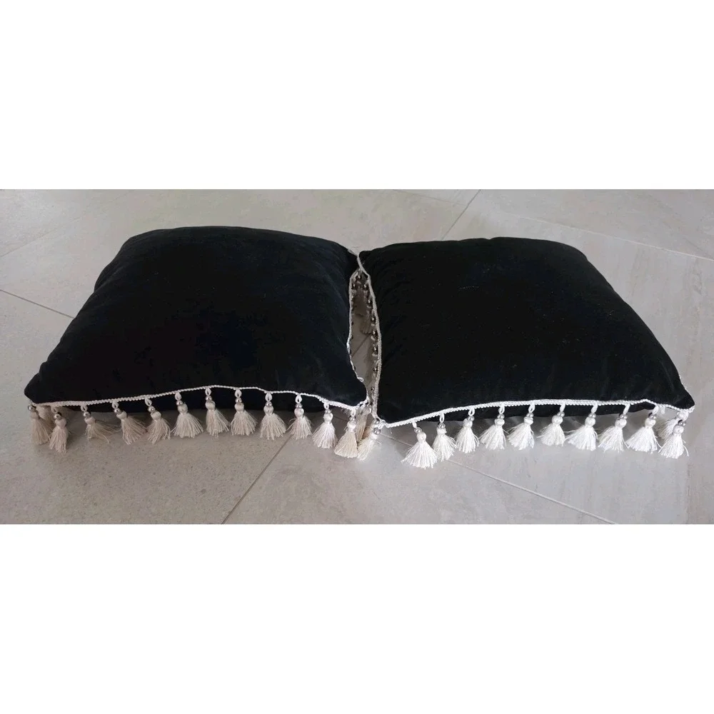 Set 2 Black Velvet Throw Pillows Tassel Fringe Gothic Romantic Dark Boho Chic